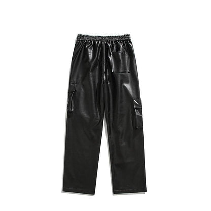 Men's Loose Straight Casual American Retro Street PU Leather Pants Black MuddyStock