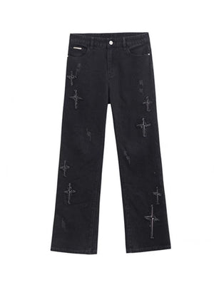 Patch Cross Star Washed American High Street Jeans For Men Black