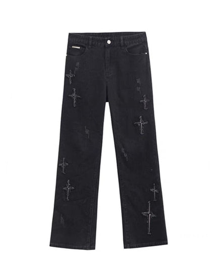 Patch Cross Star Washed American High Street Jeans For Men Black