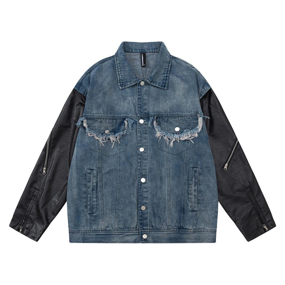 European And American Style Stitching PU Leather Sleeve Denim Jacket For Women null