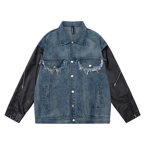 European And American Style Stitching PU Leather Sleeve Denim Jacket For Women Blue null