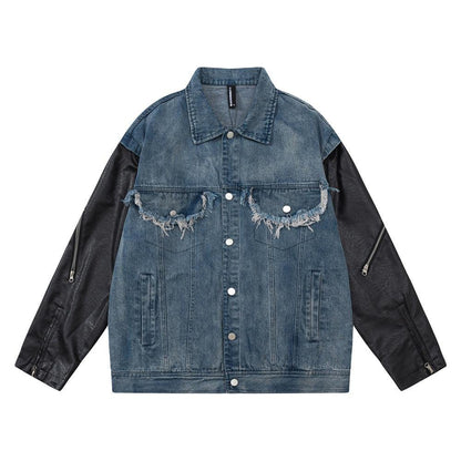 European And American Style Stitching PU Leather Sleeve Denim Jacket For Women Blue null