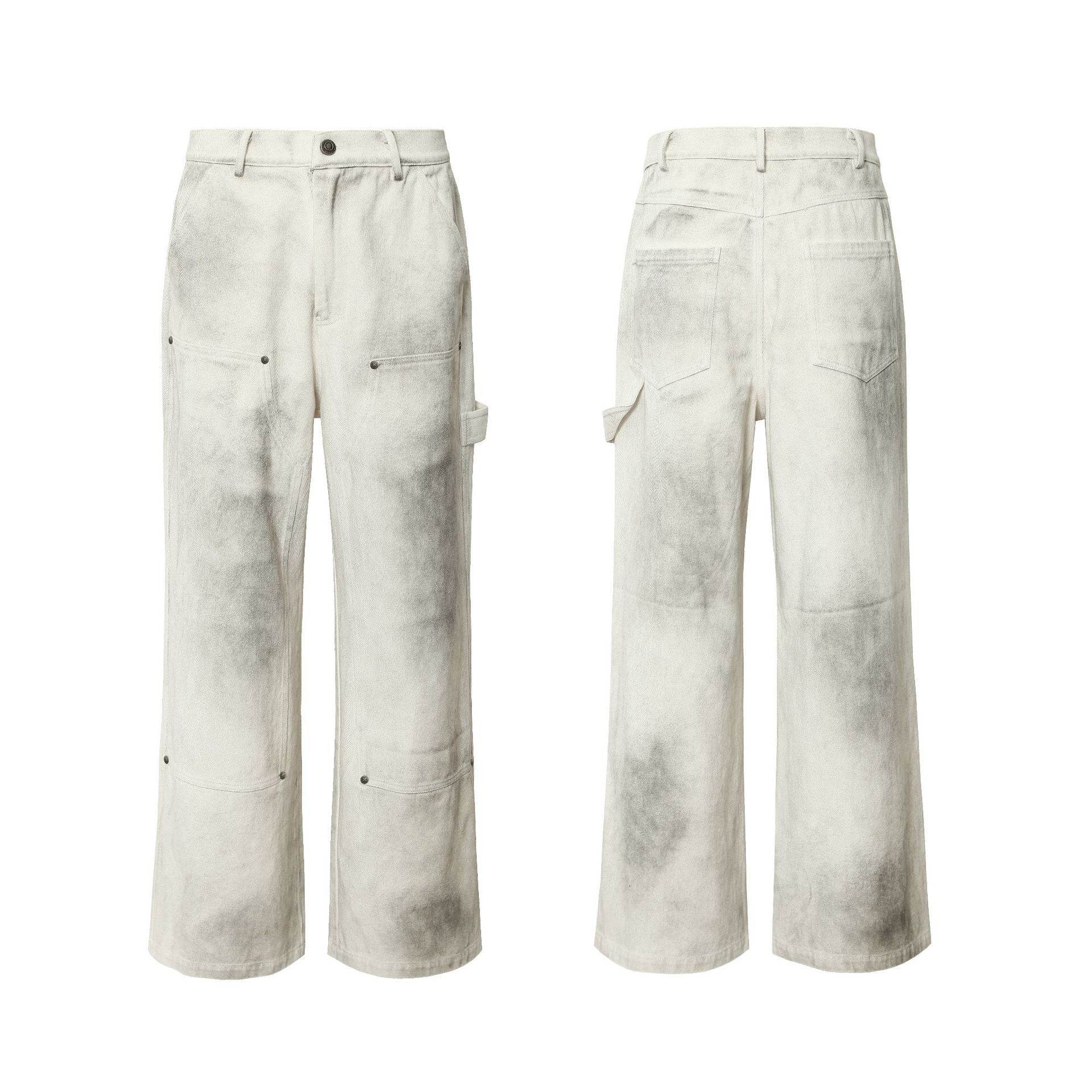 Retro Spray Color Distressed Loose Overalls For Women Fog White MuddyStock
