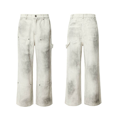 Retro Spray Color Distressed Loose Overalls For Women Fog White MuddyStock