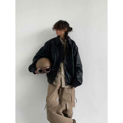 Japanese-style Retro PU Motorcycle Leather Jacket For Men Black MuddyStock