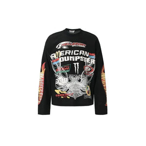 Street Style Hip-Hop Printed Biker Long Sleeve T-Shirt for Men And Women | MuddyStock Originals Black