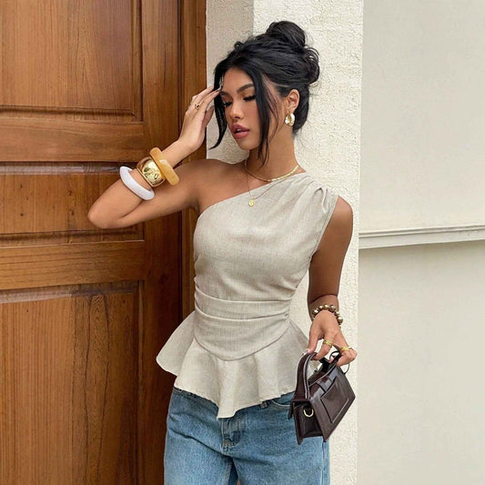 One-Shoulder Pleated Sleeveless Top For Women