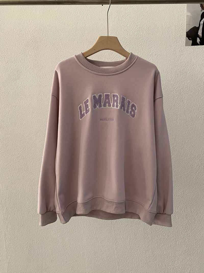 Round Neck Towel Embroidery Letter Fleece Long Sleeve Sweatshirt Loose Warm Hooded Top for Women Cream Purple One Size eprolo