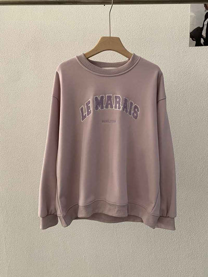 Round Neck Towel Embroidery Letter Fleece Long Sleeve Sweatshirt Loose Warm Hooded Top for Women Cream Purple One Size eprolo