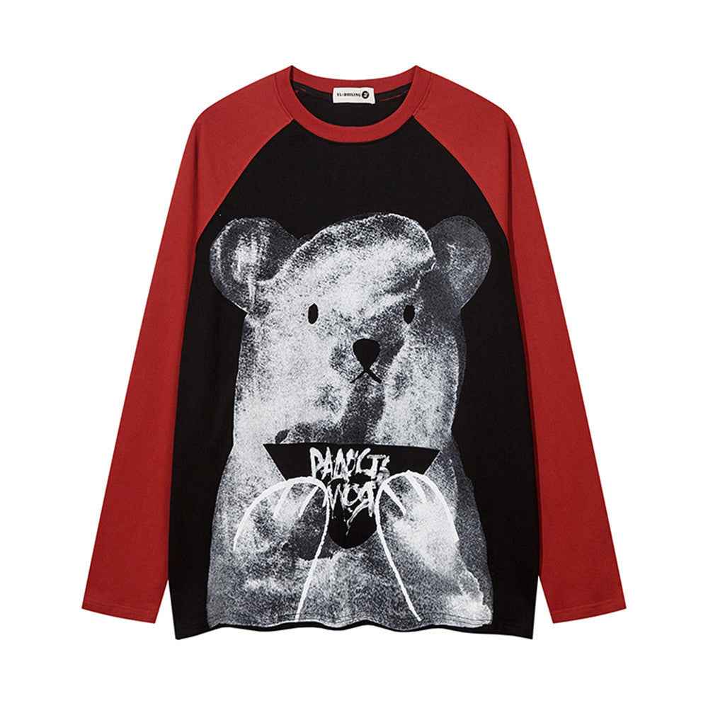 Cartoon Bear Print Color Contrast Long Sleeve T-shirt For Women Black Red null