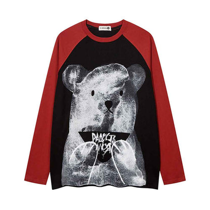 Cartoon Bear Print Color Contrast Long Sleeve T-shirt For Women Black Red null