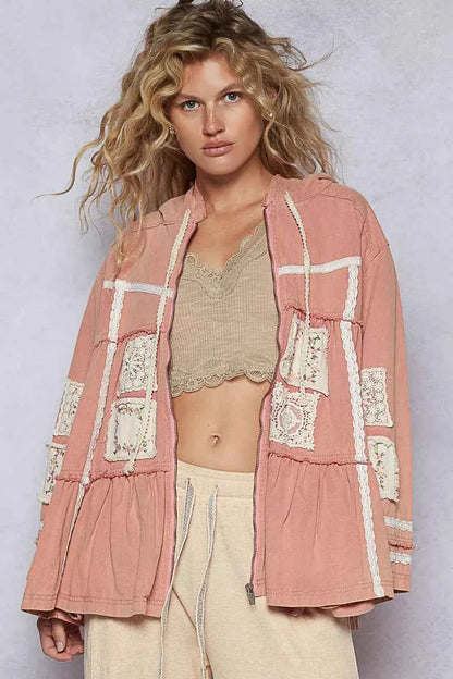 Embroidered Patch Hooded Jacket with Lace Detail For Women DUSTY PINK Trendsi
