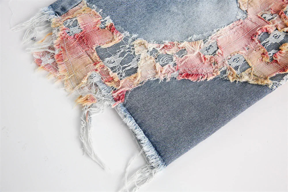 Patchwork Lace Washed Shorts For Women MuddyStock