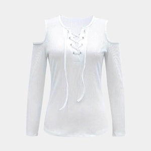 Women's V-neck Cut Shoulder Drawstring Tie Up T-shirt White