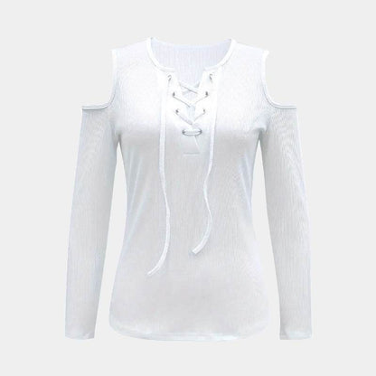 Women's V-neck Cut Shoulder Drawstring Tie Up T-shirt White MuddyStock