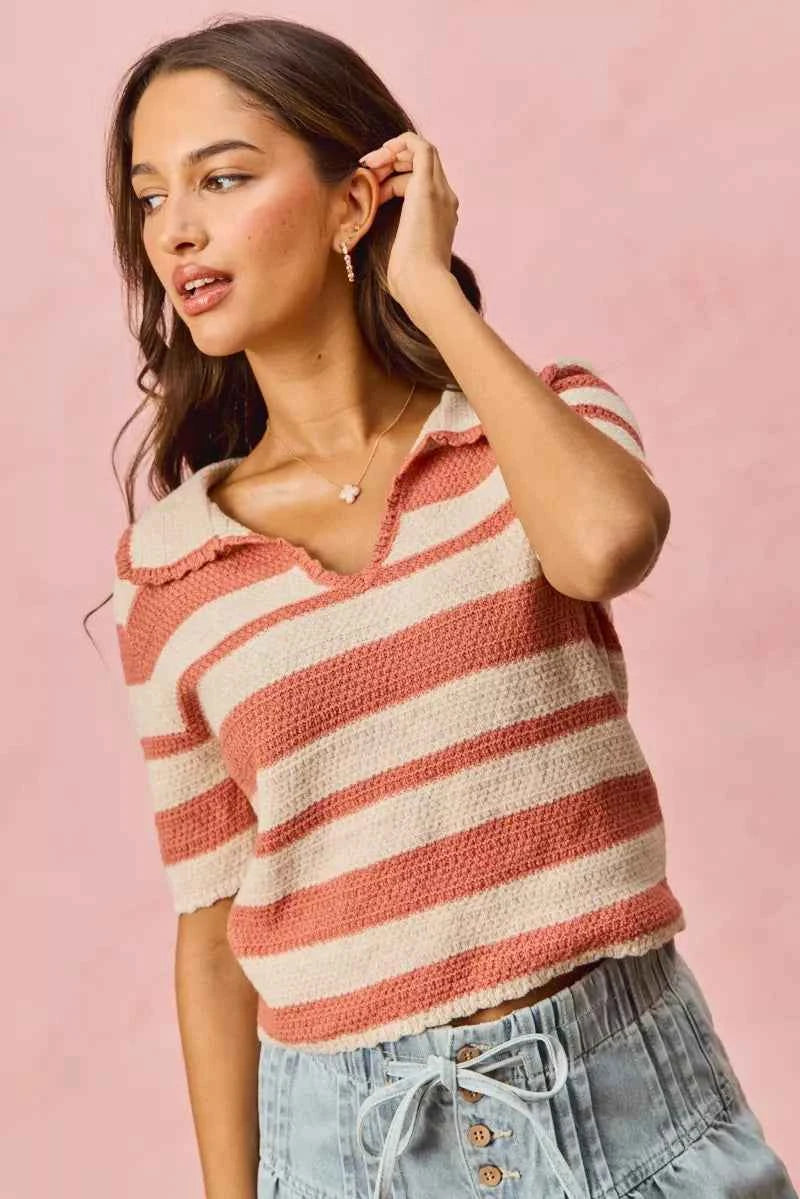 Stripe Short Sleeve Cropped Sweater For Women CREAM PINK Trendsi