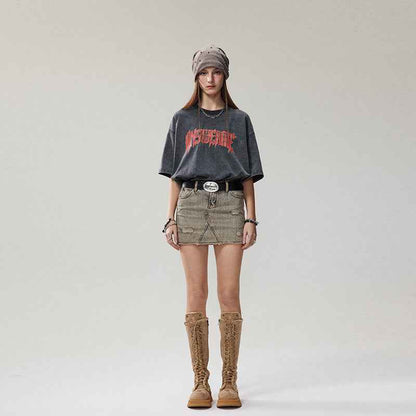 Summer Retro Worn Looking Washed-out Letter Print Short-sleeve T-shirt For Women MuddyStock