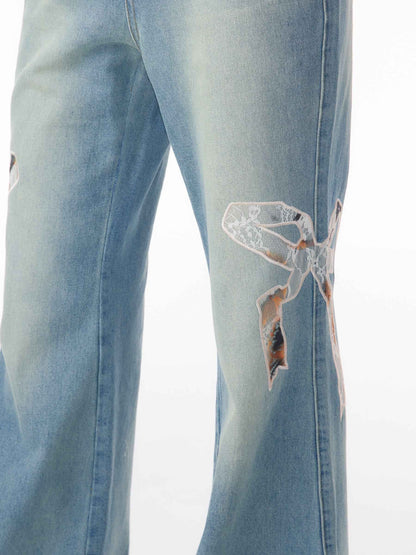 High Waist Bow Patch Wide Leg Straight Jeans For Women MuddyStock