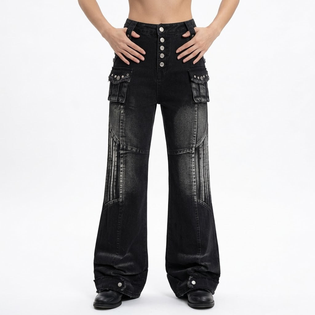Cat whisker frayed distressed washed denim bell bottoms jeans for women | MuddyStock Originals