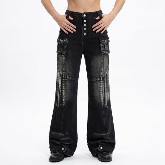Cat whisker frayed distressed washed denim bell bottoms jeans for women | MuddyStock Originals