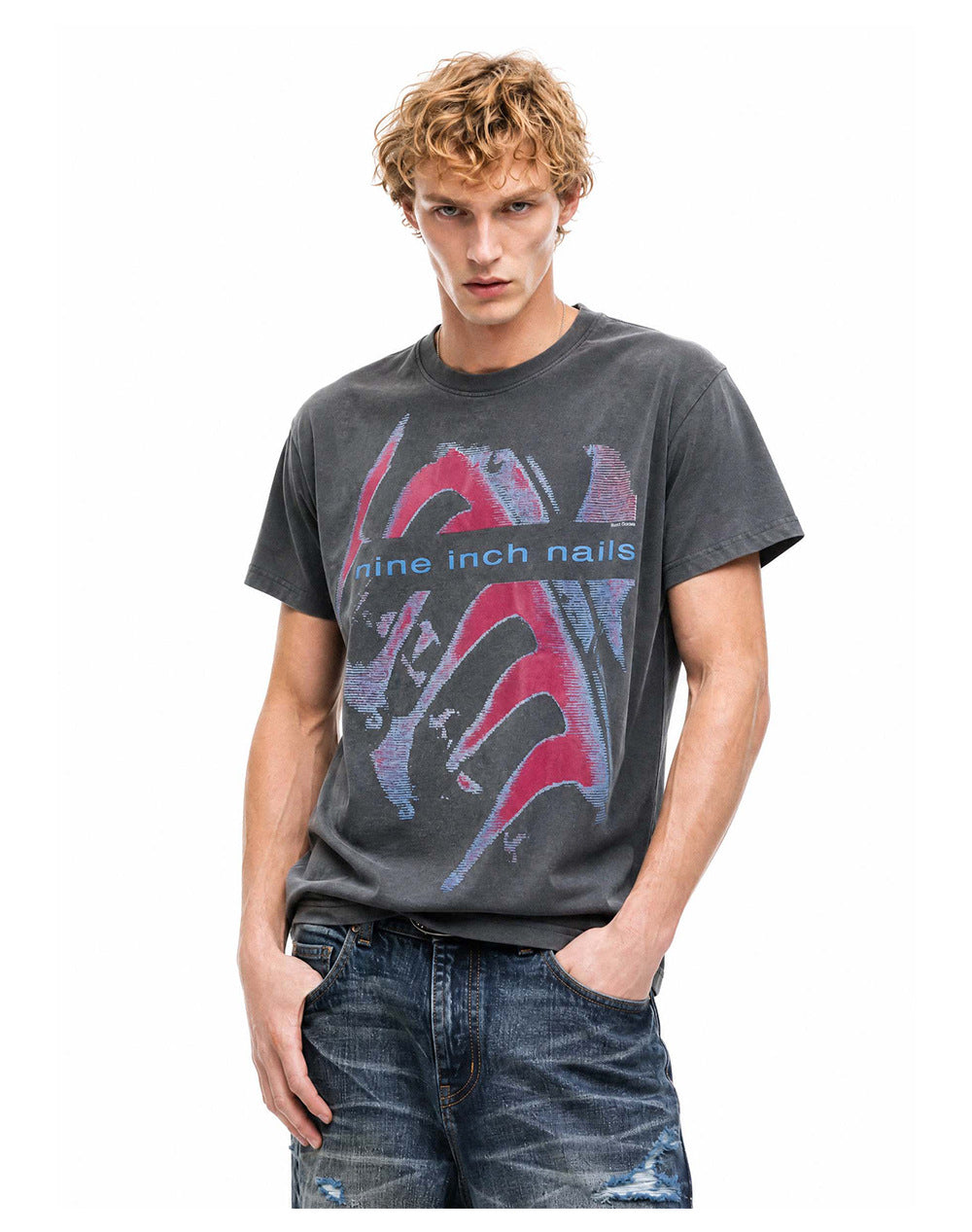 American-style Vintage Washed-and-distressed Print Relaxed-fit Short Sleeve For Men