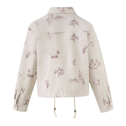 Plant Print Drawstring Closure Lapel Collar Cropped Jacket For Women