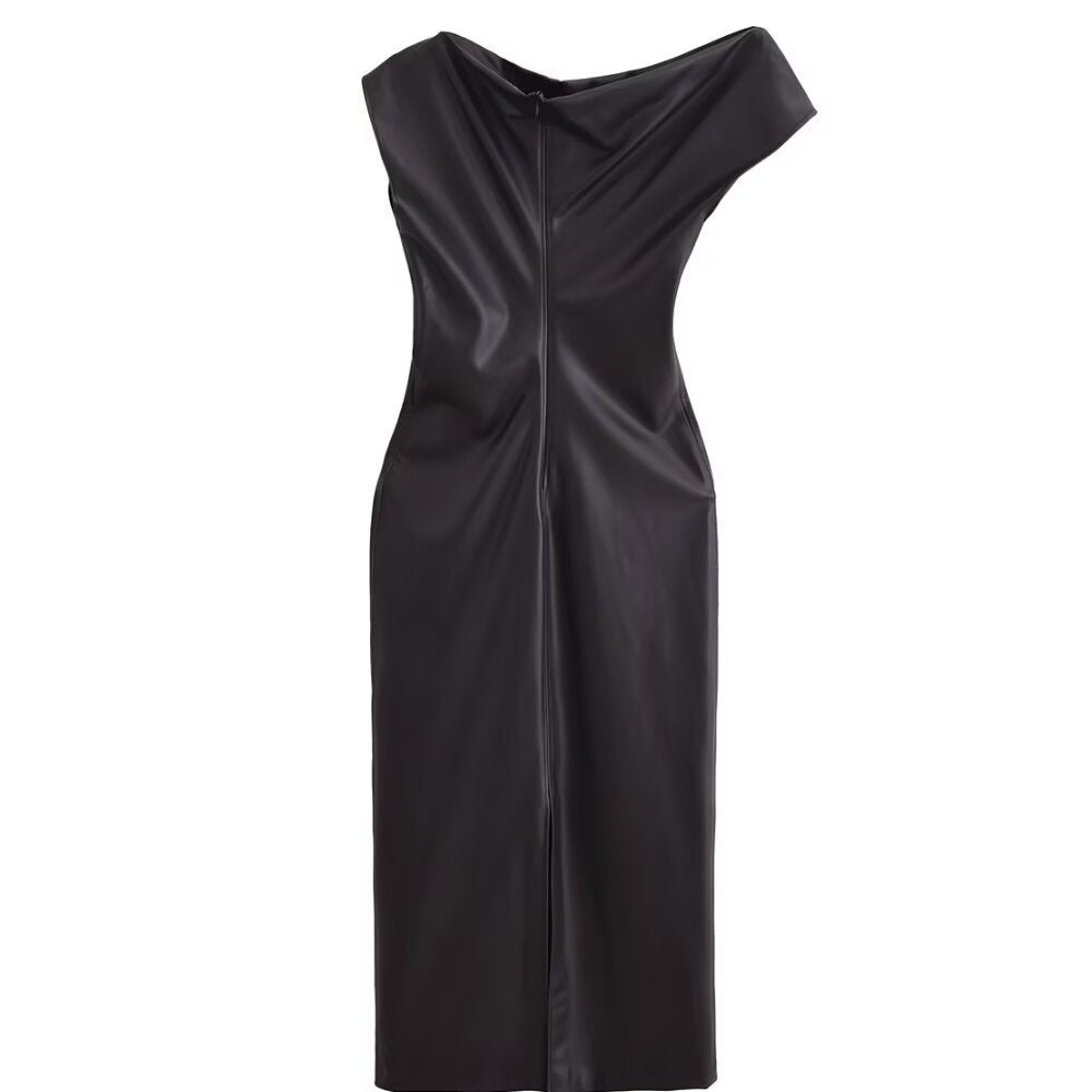 Asymmetric faux leather pleated dress | MuddyStock Originals