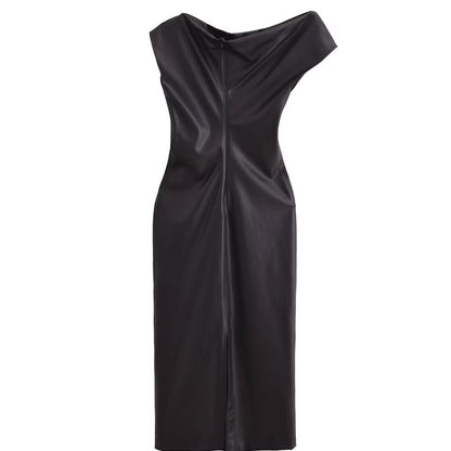Asymmetric faux leather pleated dress | MuddyStock Originals