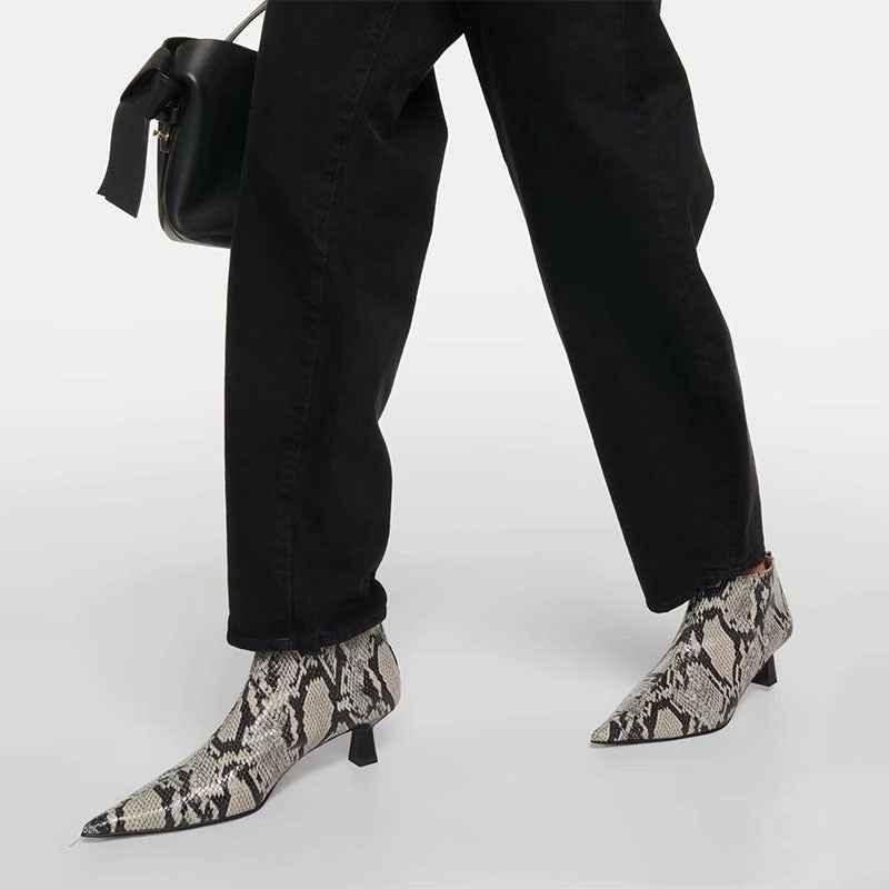 Pointed back zipper thick heeled boots for women