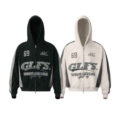 Retro Patchwork Printed Loose Fit Hooded Zip-Up Sweatshirt For Men And Women | MuddyStock Originals MuddyStock