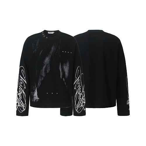 Gothic Subculture Waffle Long Sleeve Drop Shoulder Rivet Anime Graphic T-shirt For Men | MuddyStock Originals