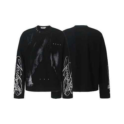 Gothic Subculture Waffle Long Sleeve Drop Shoulder Rivet Anime Graphic T-shirt For Men | MuddyStock Originals