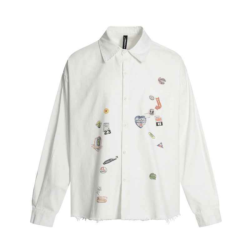 Casual Cartoon Sticker Print Long Sleeve Shirt For Men And Women | MuddyStock Orignals White MuddyStock