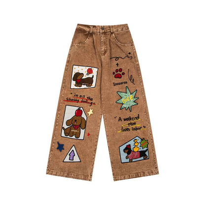 Cartoon Printed Washed Denim Jeans For Women | MuddyStock Originals Brown