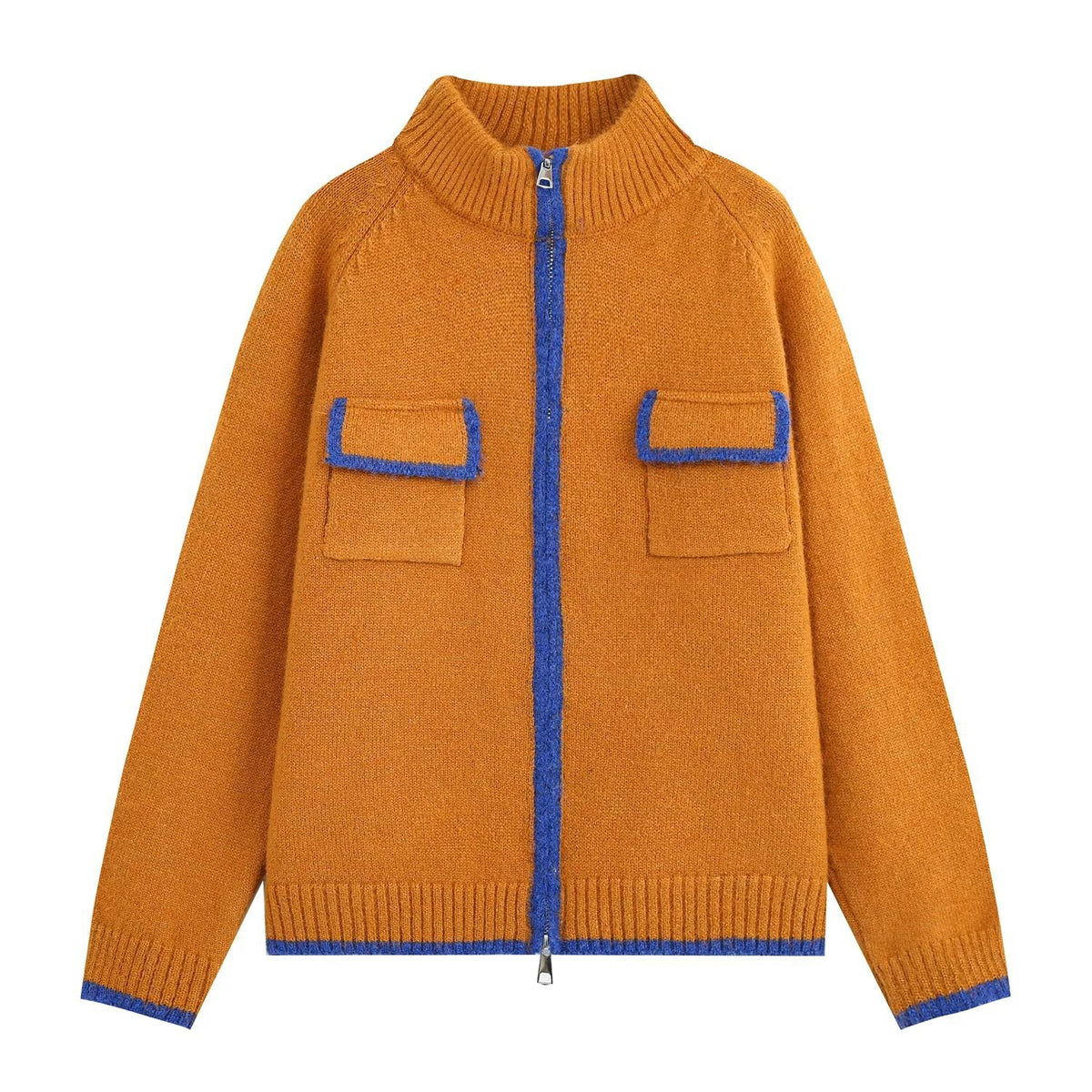 Relaxed Knit Zipper Stand Collar Cropped Color Block Cardigan Jacket Yellow