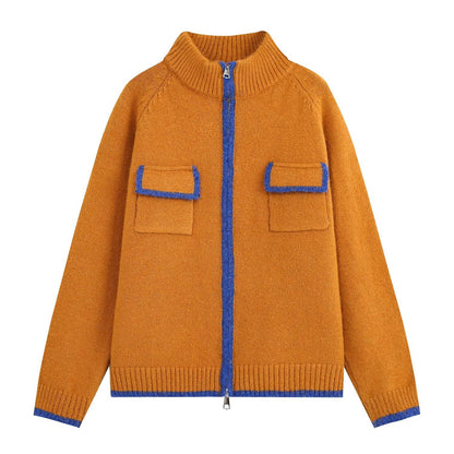 Relaxed Knit Zipper Stand Collar Cropped Color Block Cardigan Jacket Yellow