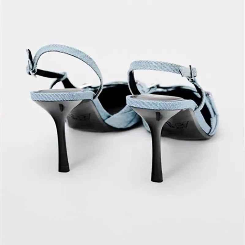 Denim shallow strap hollow toe high-heeled sandals for women