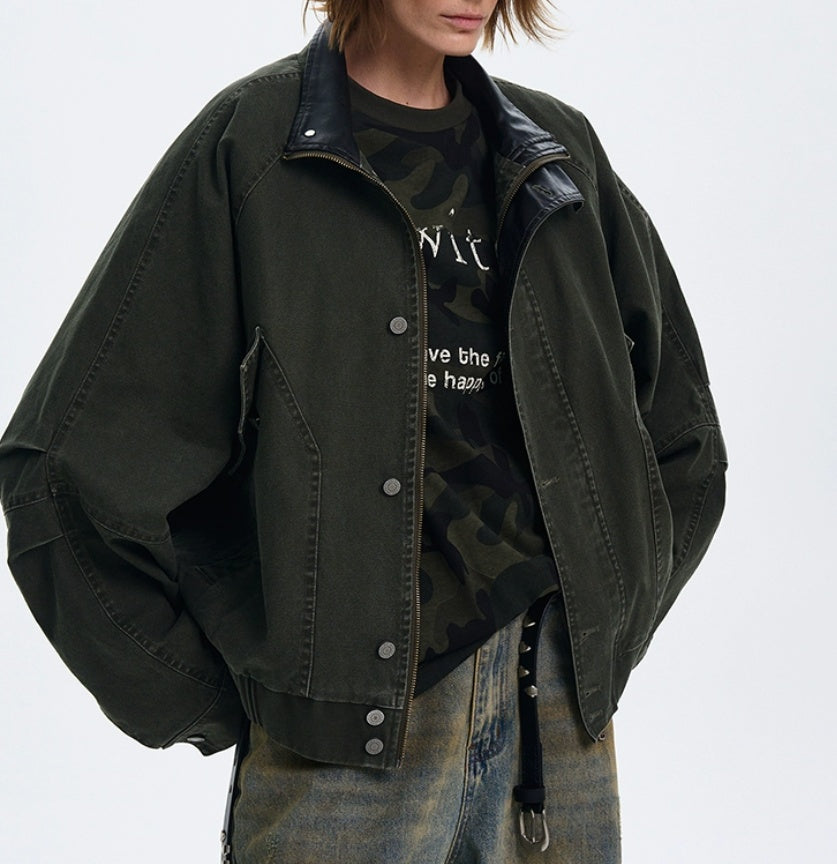 American Barn Style Color Block Collared Jacket For Women Army Green