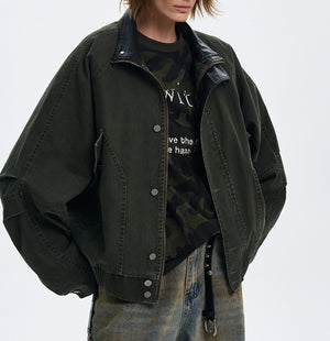 American Barn Style Color Block Collared Jacket For Women Army Green