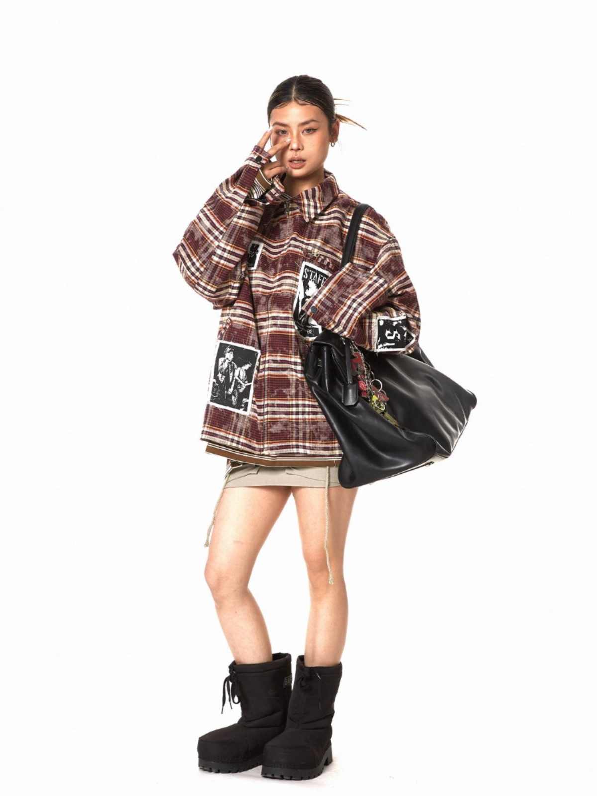 Retro Illustration Plaid Patch Jacket For Women MuddyStock
