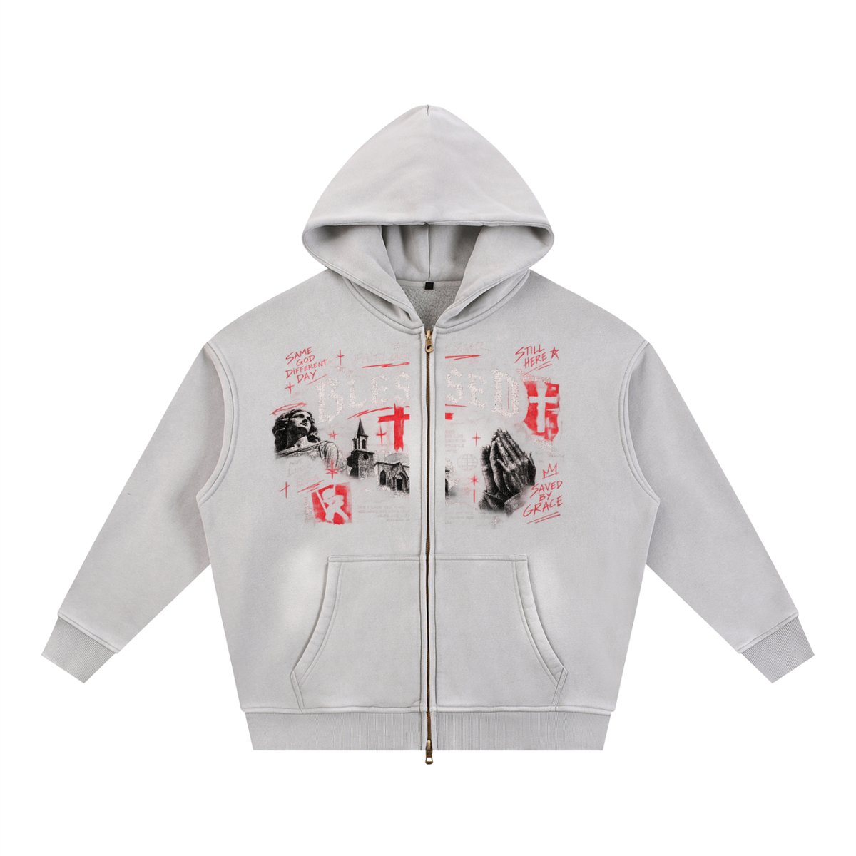 Sunfade Two-way Zipper Boxy Fleece Hoodie For Men | MuddyStock Originals Light Gray