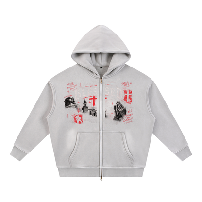 Sunfade Two-way Zipper Boxy Fleece Hoodie For Men | MuddyStock Originals Light Gray