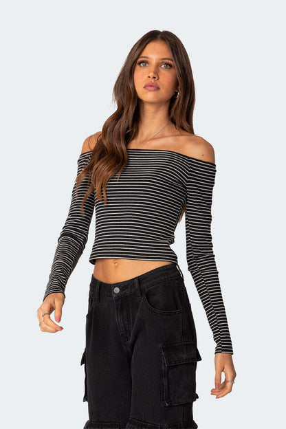 Contrast-color Striped Off-shoulder Long-sleeve Top For Women Black