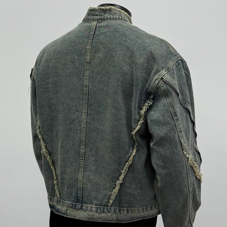 Retro deconstruction fringed washed denim jacket