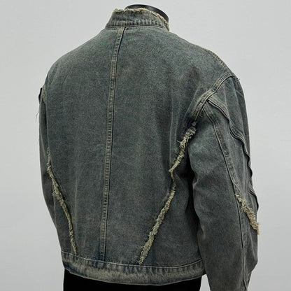 Retro deconstruction fringed washed denim jacket