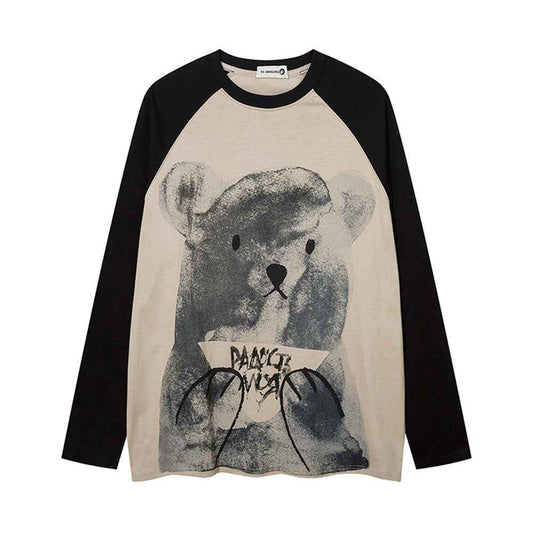 Cartoon Bear Print Color Contrast Long Sleeve T-shirt For Women null