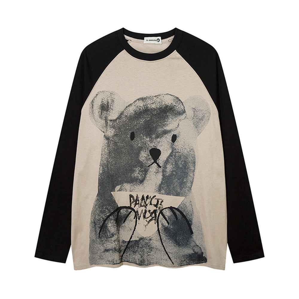 Cartoon Bear Print Color Contrast Long Sleeve T-shirt For Women Apricot Black null