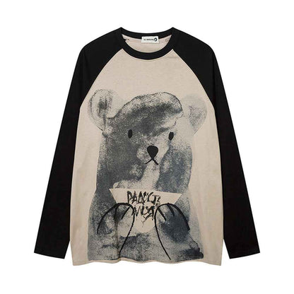 Cartoon Bear Print Color Contrast Long Sleeve T-shirt For Women Apricot Black null