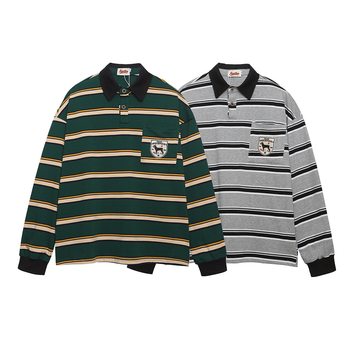 College style badge embroidered lapel polo shirt striped base shirt