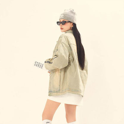 Washed and worn solid color zipper denim jacket for women | MuddyStock Originals MuddyStock